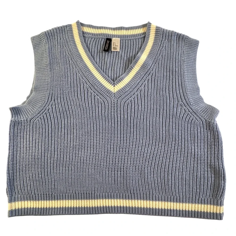 H&M Blue Knit Cropped Sweater Womens‎ Vest V Neck Top Preppy Academia Large NWOT